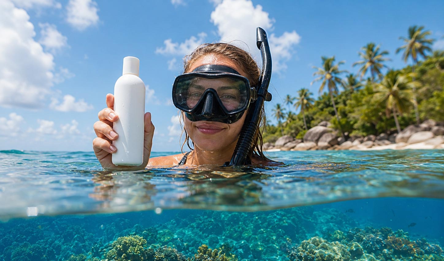 A bottle of mineral reef-safe sunscreen beside a mask on the sand with clear reef water behind