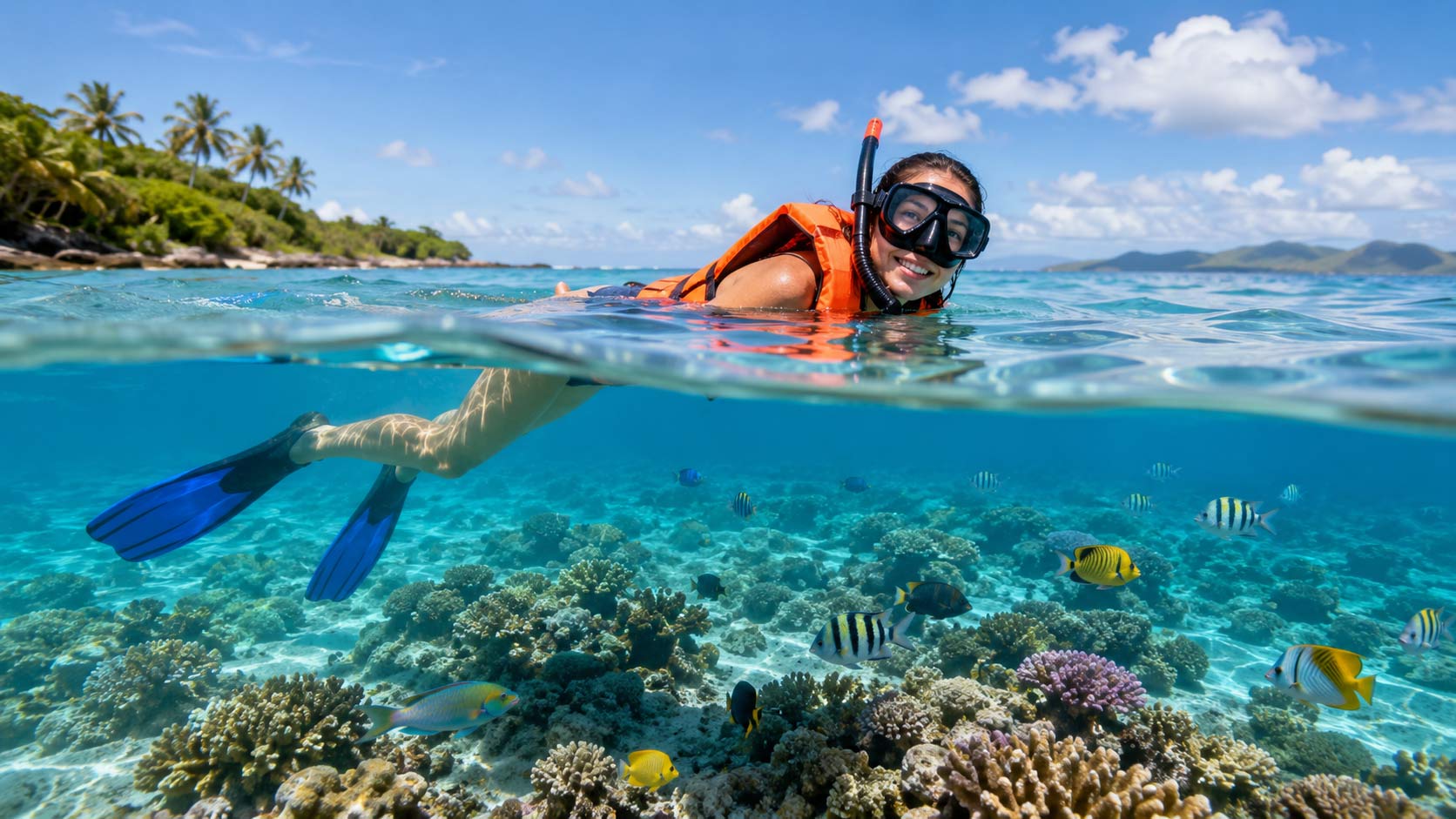 A snorkeler in a bright flotation vest floating calmly face-down over a shallow Waikiki reef