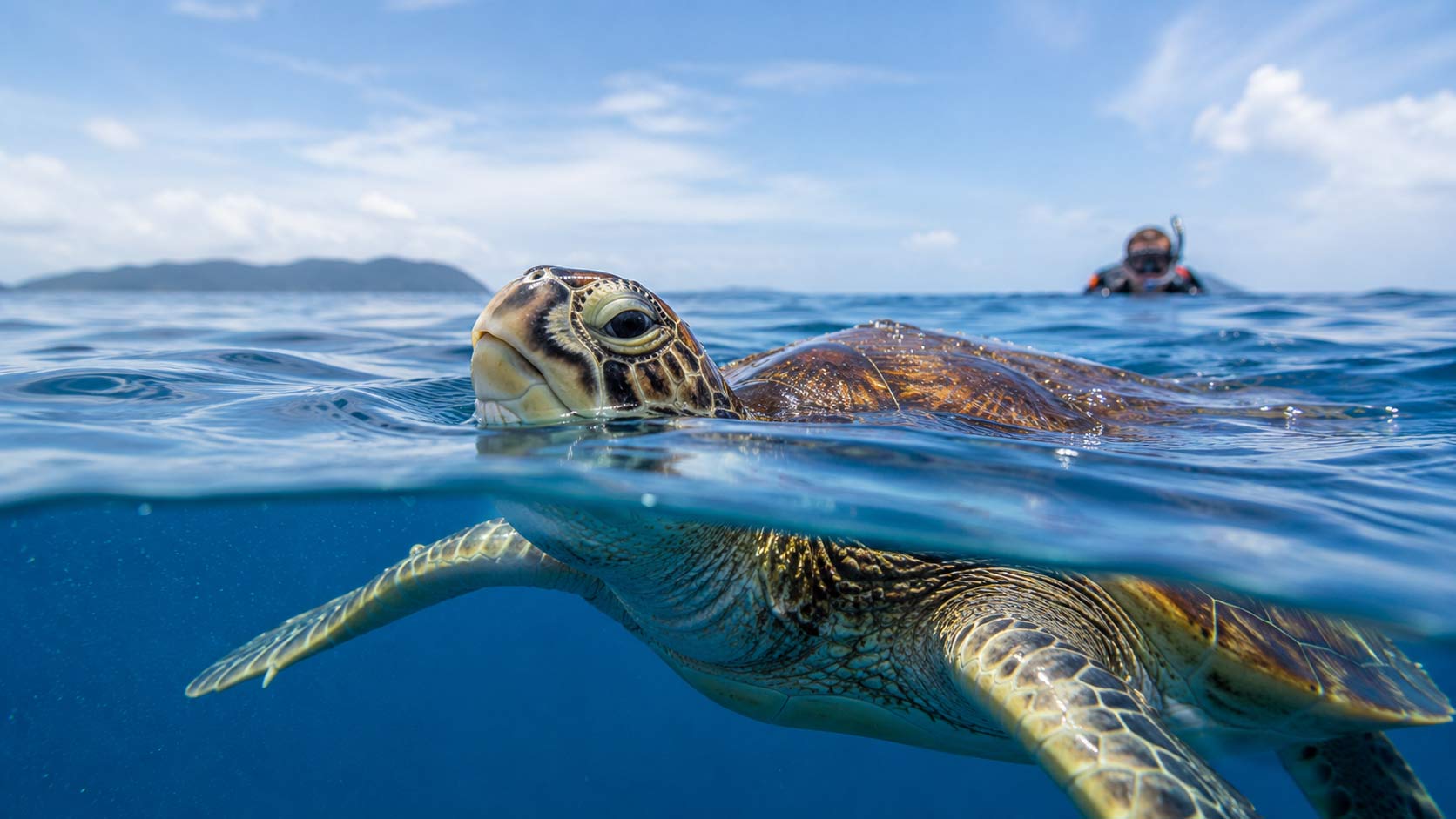 A Hawaiian green sea turtle gliding over a coral reef as a snorkeler watches from a respectful distance